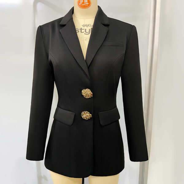 Black Tailored Blazer Dress with Gold Buttons - 图片 4