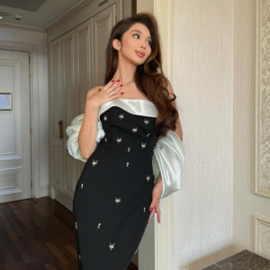 Women's French Style Elegant Party Dress with One Shoulder Bubble Sleeves Rhinestone Decor Satin Shiny Fabric Maxi Women Outfit
