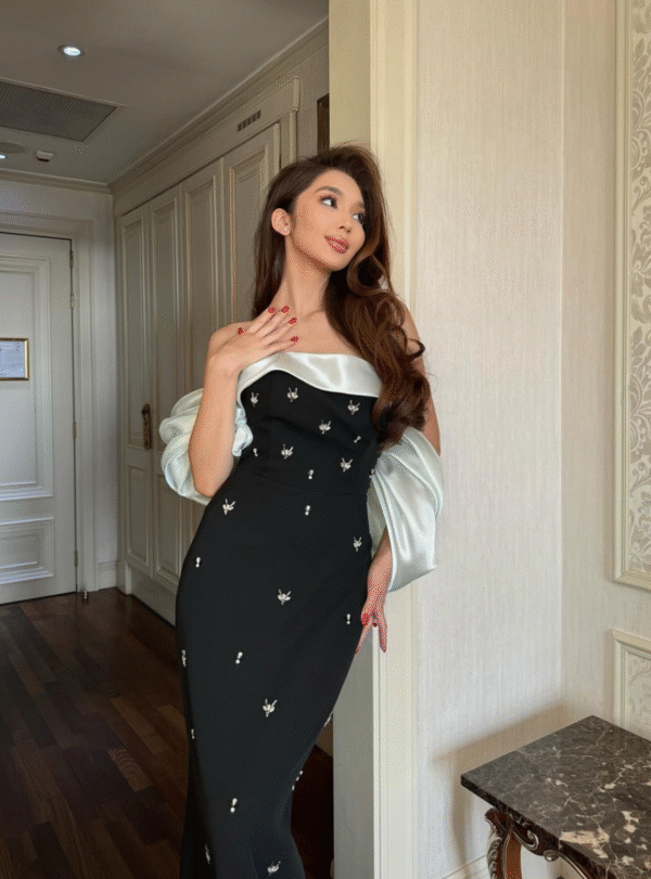 Women's French Style Elegant Party Dress with One Shoulder Bubble Sleeves Rhinestone Decor Satin Shiny Fabric Maxi Women Outfit