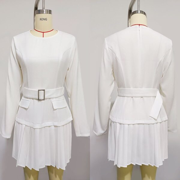 White Tailored Belted Pleated Dress - 图片 3