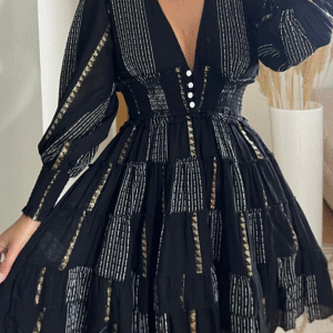 Black Retro Ruffled Dress with Golden Accents