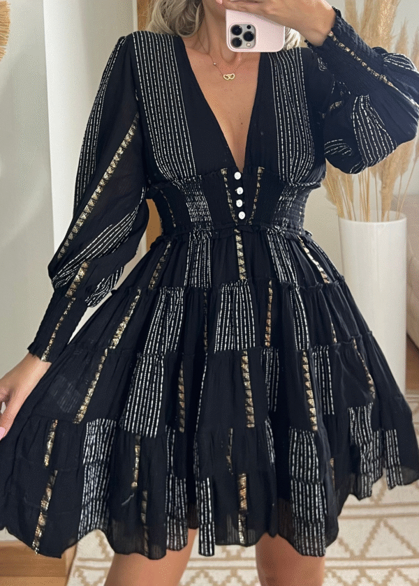 Black Retro Ruffled Dress with Golden Accents