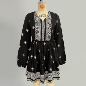 Ethnic - Style Embroidered V - Neck Waist - Fitted Dress