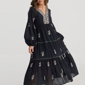 Black Bohemian - Style Maxi Dress with White Embroidery