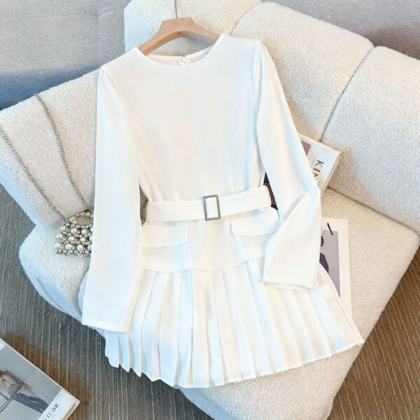 White Tailored Belted Pleated Dress - 图片 2