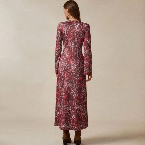 Burgundy Bohemian - style Paisley Print Long Dress - 图片 2