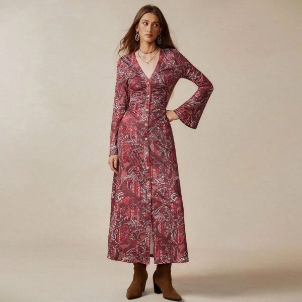 Burgundy Bohemian - style Paisley Print Long Dress - 图片 3