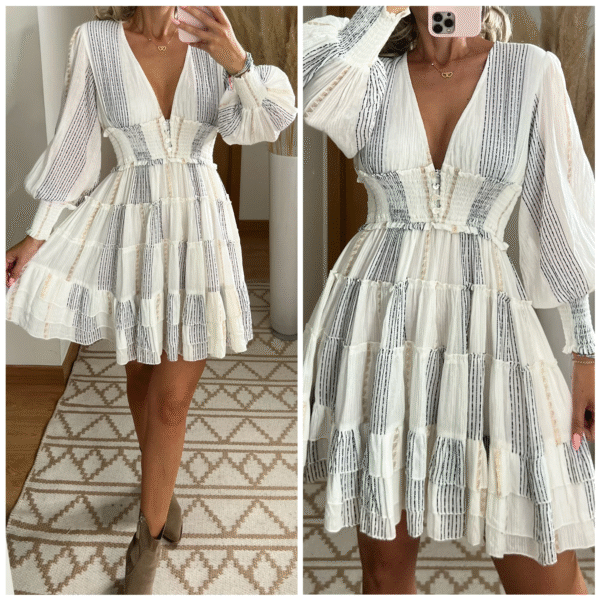 Light Blue Deep V-neck Lantern Sleeve Ruffled Waist-fitted Dress - 图片 2