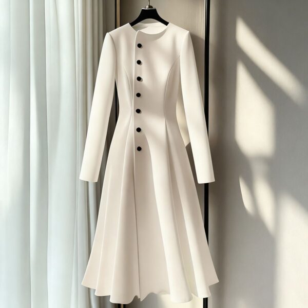 White Round Neck Button - Decorated Long - Sleeved Long Dress - 图片 2