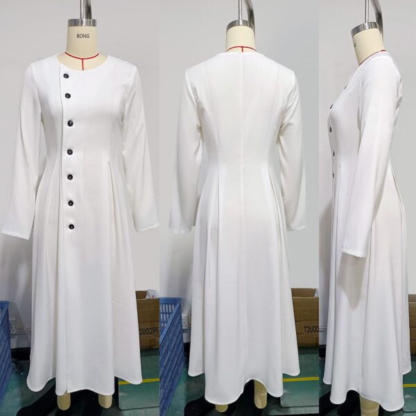 White Round Neck Button - Decorated Long - Sleeved Long Dress - 图片 4