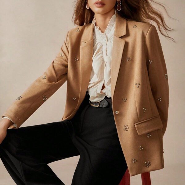 Khaki Double - breasted Decorated Blazer with Matching Office - style Ensemble - 图片 2