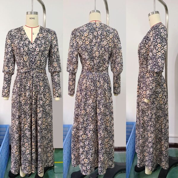 Deep V - Neck Floral Long - Sleeved Long Dress - 图片 2