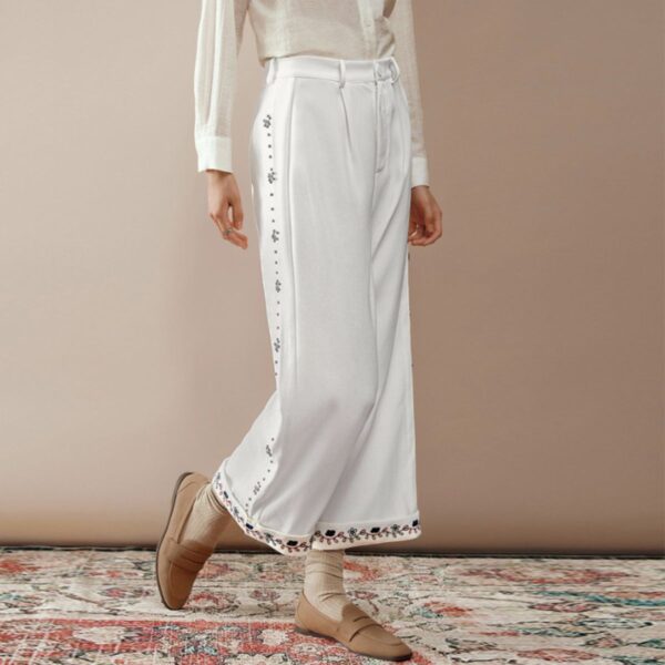 White Embroidered Wide - Leg Pants - 图片 3