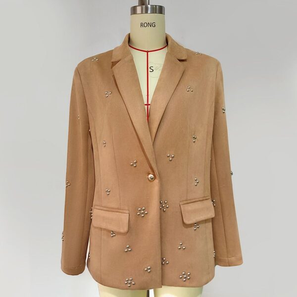 Khaki Double - breasted Decorated Blazer with Matching Office - style Ensemble - 图片 3