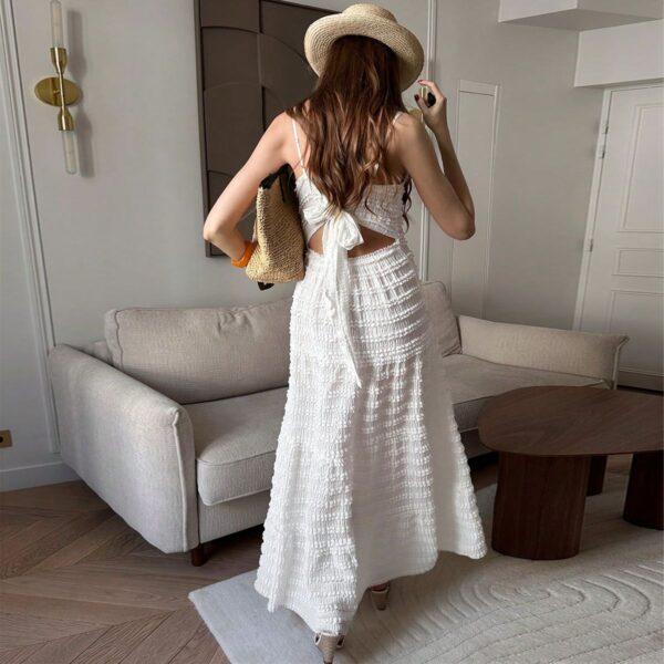 White Textured Spaghetti - Strap Maxi Dress - 图片 3