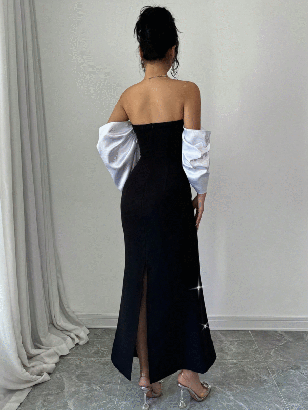 Women's French Style Elegant Party Dress with One Shoulder Bubble Sleeves Rhinestone Decor Satin Shiny Fabric Maxi Women Outfit - 图片 3