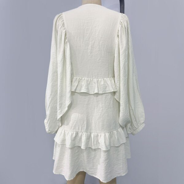 Cream - Colored Round - Neck Puff - Sleeve Ruffled Dress - 图片 3