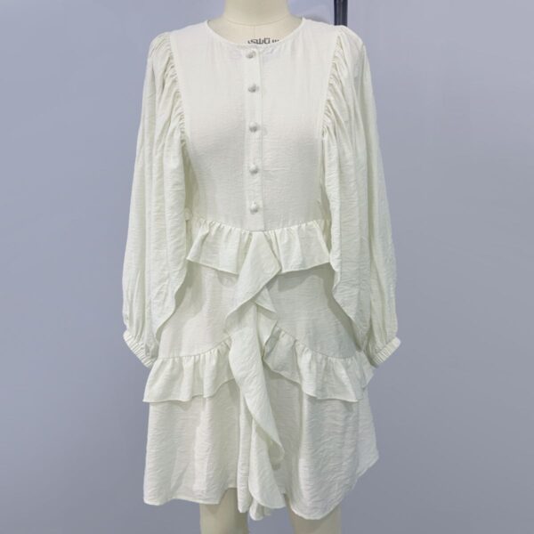 Cream - Colored Round - Neck Puff - Sleeve Ruffled Dress