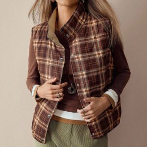 Brown Plaid Stand - Up Collar Button Vest
