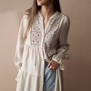 Off - White Long - line Shirt with Hollow - out Embroidery