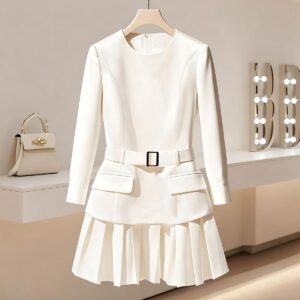 White Tailored Belted Pleated Dress