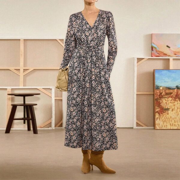 Deep V - Neck Floral Long - Sleeved Long Dress