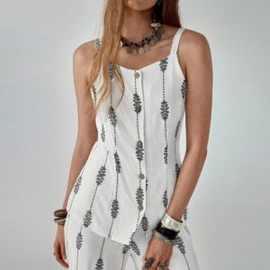 Bohemian - Style White Printed Two - piece Set (Camisole + Wide - leg Trousers)