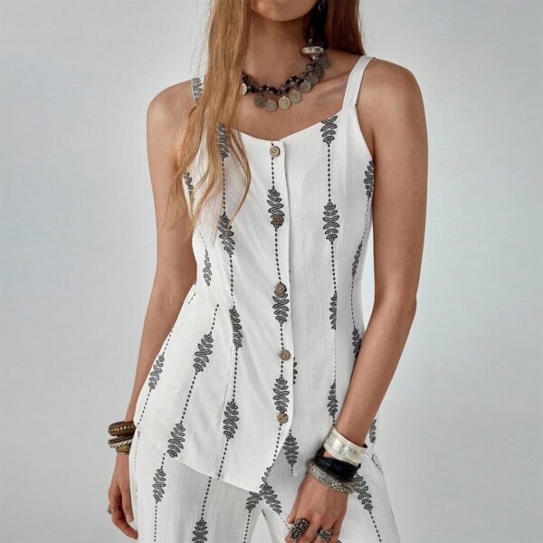 Bohemian - Style White Printed Two - piece Set (Camisole + Wide - leg Trousers)