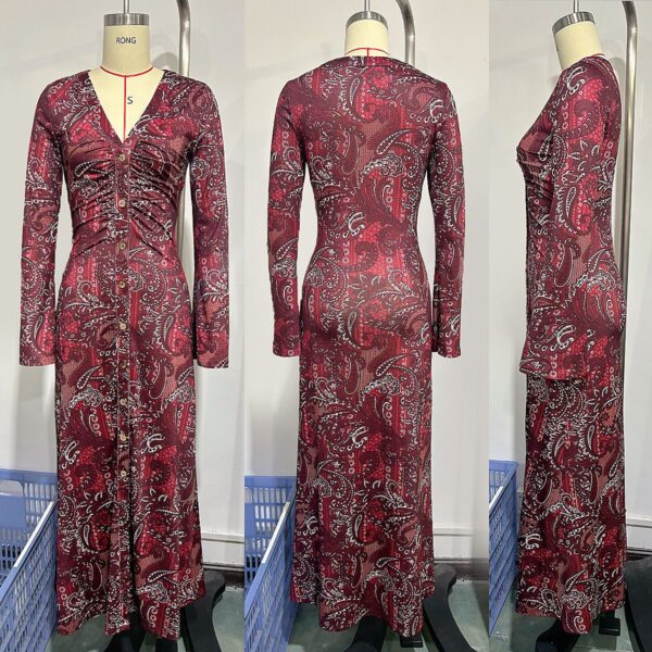 Burgundy Bohemian - style Paisley Print Long Dress - 图片 4