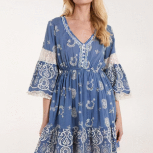 Blue Embroidered V - Neck Flared - Sleeve Bohemian Dress