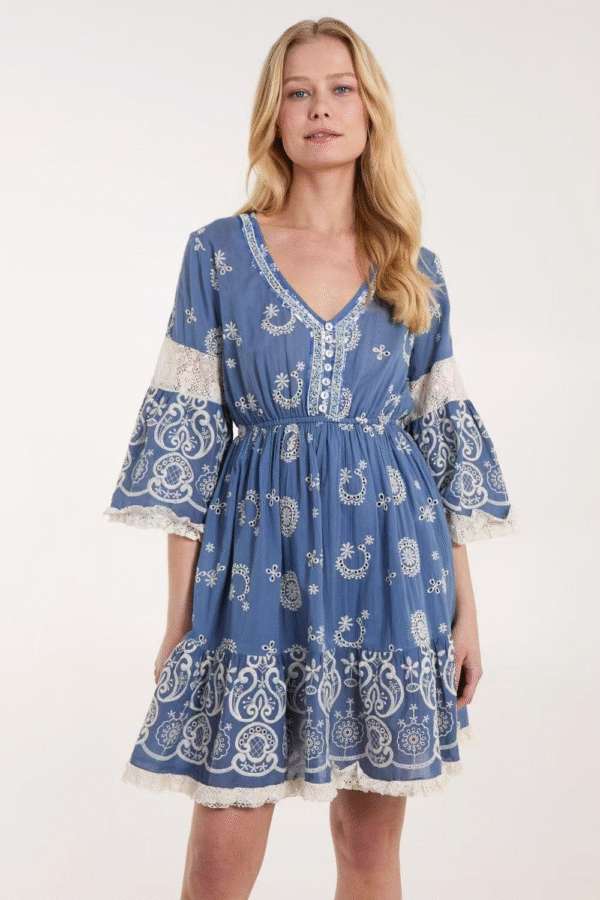 Blue Embroidered V - Neck Flared - Sleeve Bohemian Dress