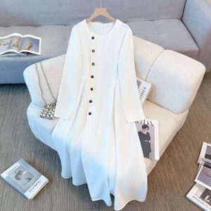 White Round Neck Button - Decorated Long - Sleeved Long Dress