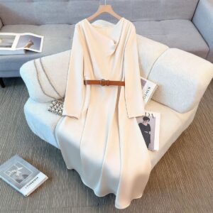 Off - White Long - Sleeved Dress with Brown Belt