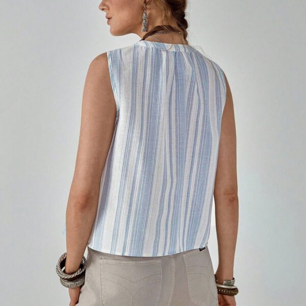 Blue and White Striped Lace - Embroidered Sleeveless Top - 图片 2
