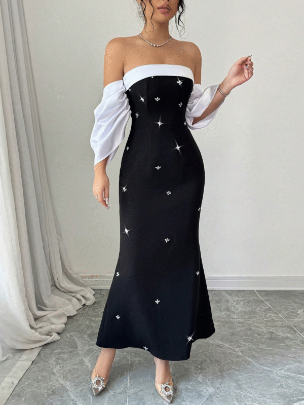Women's French Style Elegant Party Dress with One Shoulder Bubble Sleeves Rhinestone Decor Satin Shiny Fabric Maxi Women Outfit - 图片 2