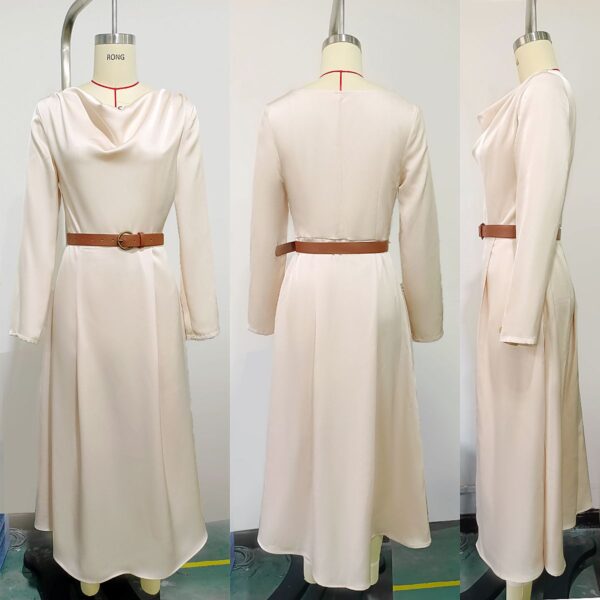 Off - White Long - Sleeved Dress with Brown Belt - 图片 2