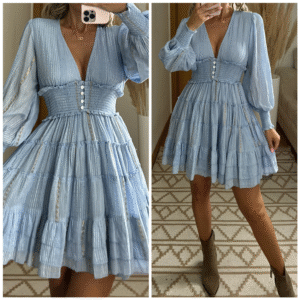 Light Blue Deep V-neck Lantern Sleeve Ruffled Waist-fitted Dress