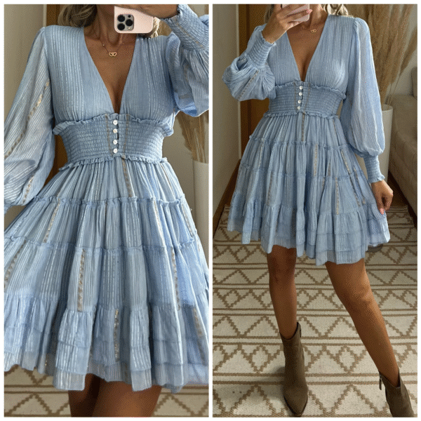 Light Blue Deep V-neck Lantern Sleeve Ruffled Waist-fitted Dress