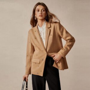 Khaki Double - breasted Decorated Blazer with Matching Office - style Ensemble
