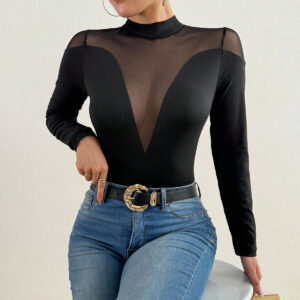 Black Sheer Mesh Panel Long - Sleeved Bodysuit