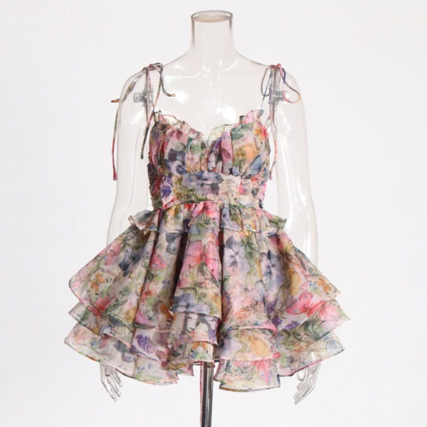 Floral - Printed Spaghetti - Strap Layered Ruffled Dress - 图片 5
