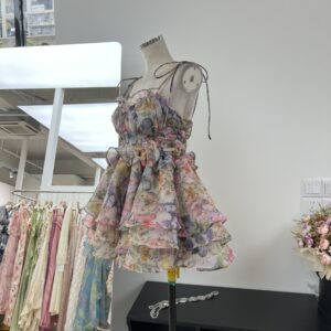 Floral - Printed Spaghetti - Strap Layered Ruffled Dress