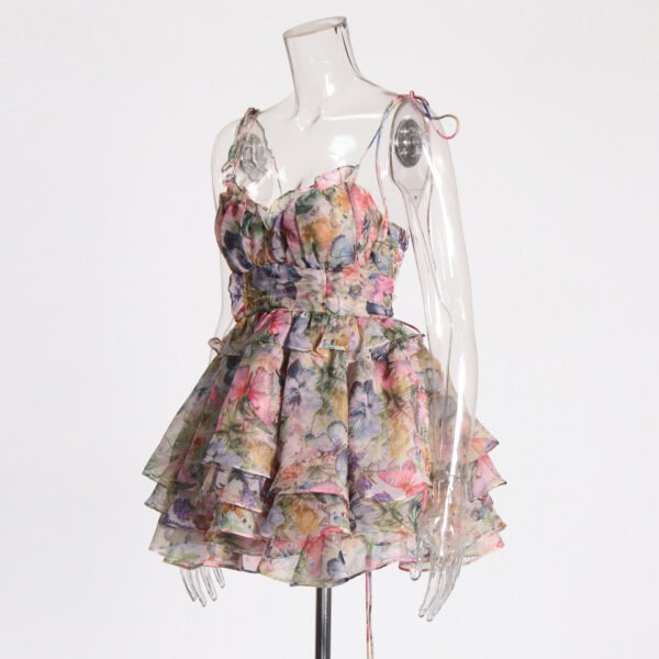 Floral - Printed Spaghetti - Strap Layered Ruffled Dress - 图片 2
