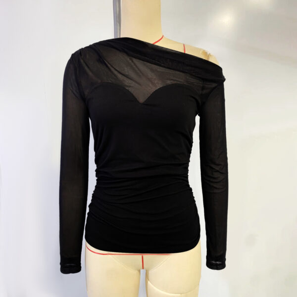 Black One - Shoulder Sheer Mesh Ruched Top - 图片 2