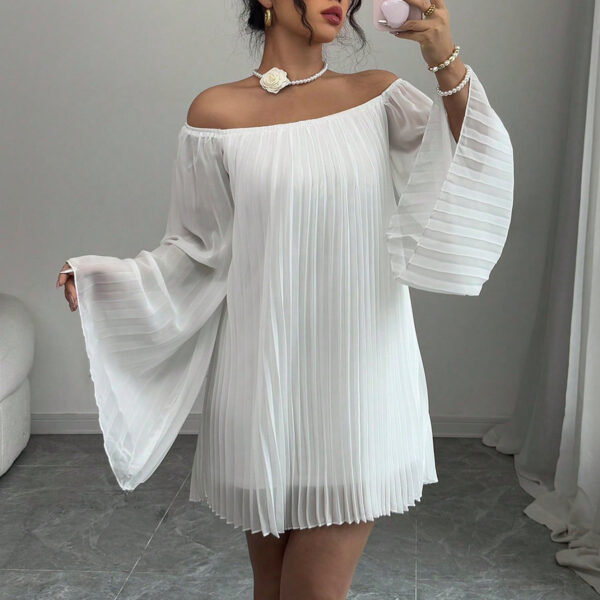 White Off - the - Shoulder Pleated Bell - Sleeve Mini Dress - 图片 3