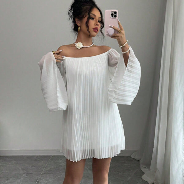 White Off - the - Shoulder Pleated Bell - Sleeve Mini Dress