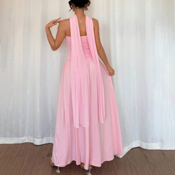 Pink Strapless Ruched Maxi Dress with Scarf - 图片 3