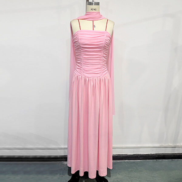Pink Strapless Ruched Maxi Dress with Scarf - 图片 4