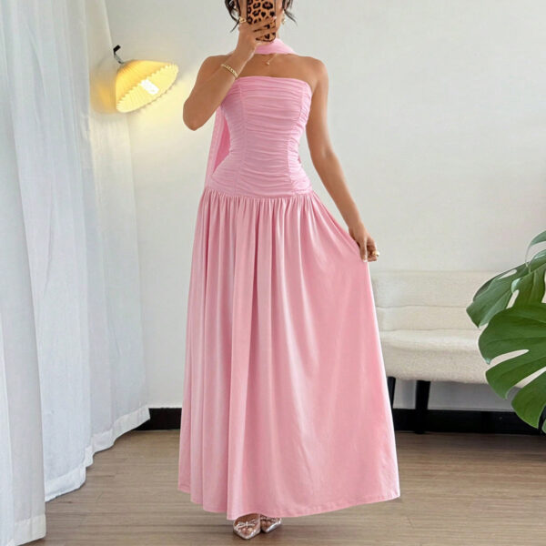 Pink Strapless Ruched Maxi Dress with Scarf