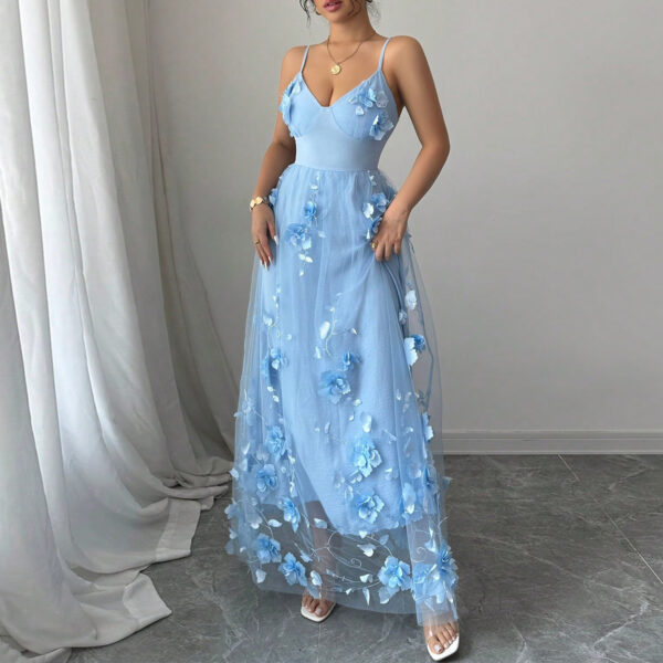 Light Blue Spaghetti - Strap 3D Floral Appliqué Tulle Maxi Dress - 图片 2